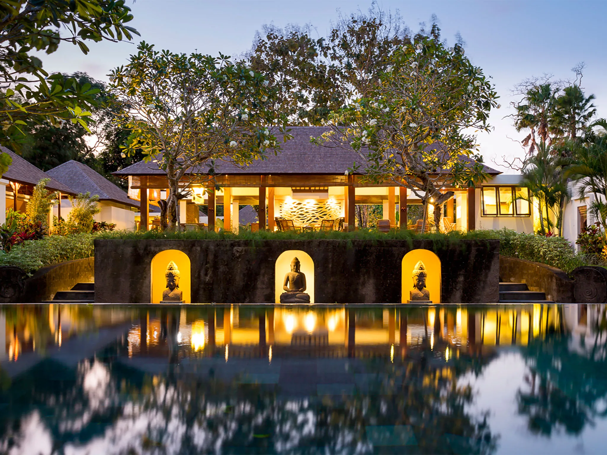 The main pavillion lit up at night