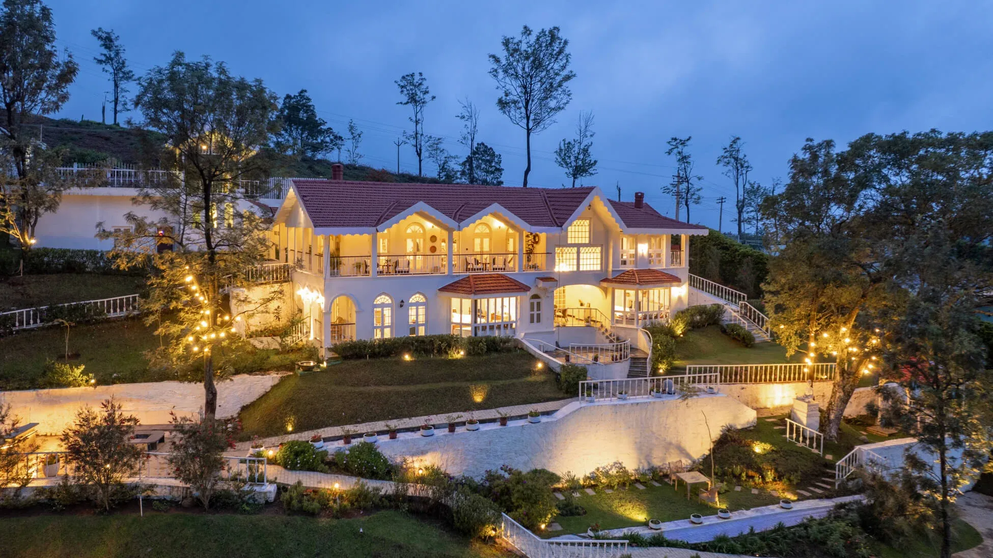 Evening Facade | Aeriel View | Villa Aikyam