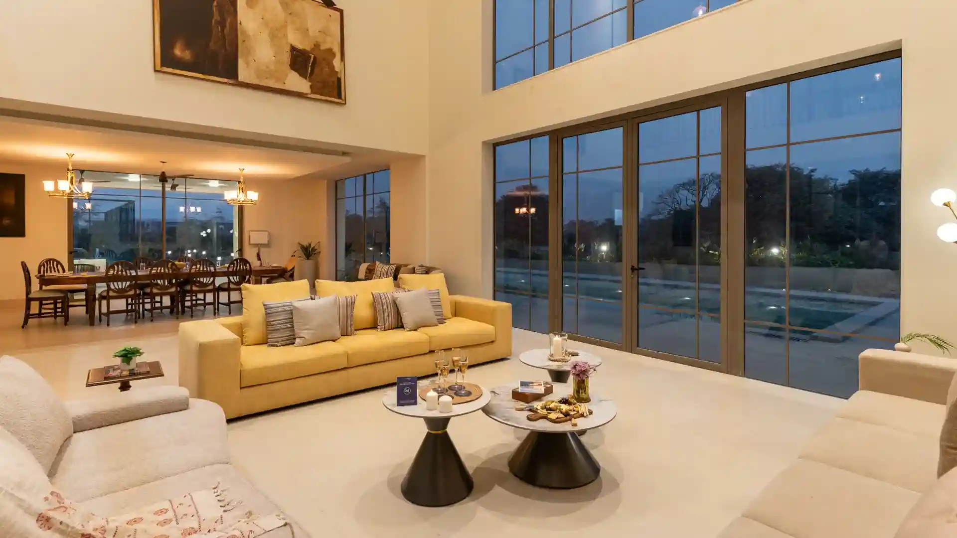 Living Area In Evening | Ushta Villa | Alibaug