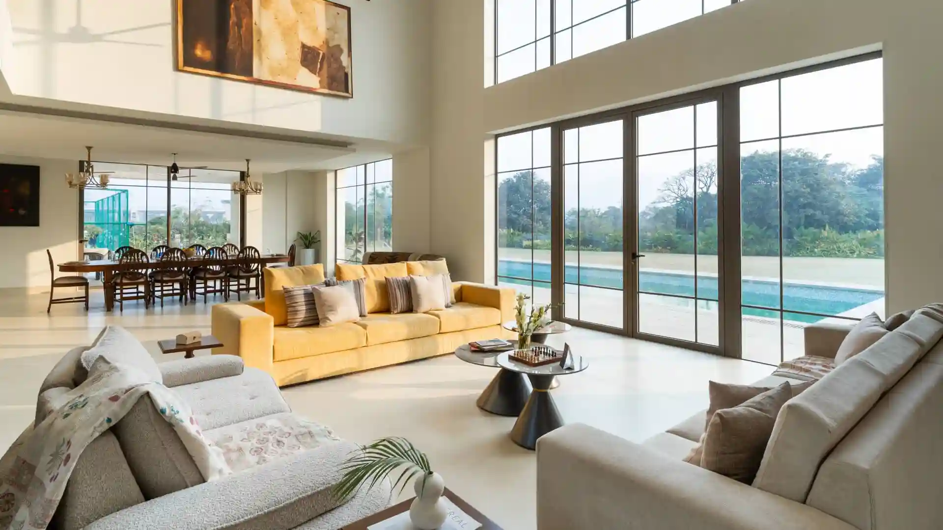 Living Area with Pool View | Ushta Villa | Alibaug