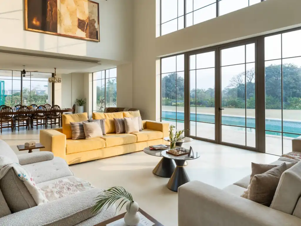 Living Area with Pool View | Ushta Villa | Alibaug