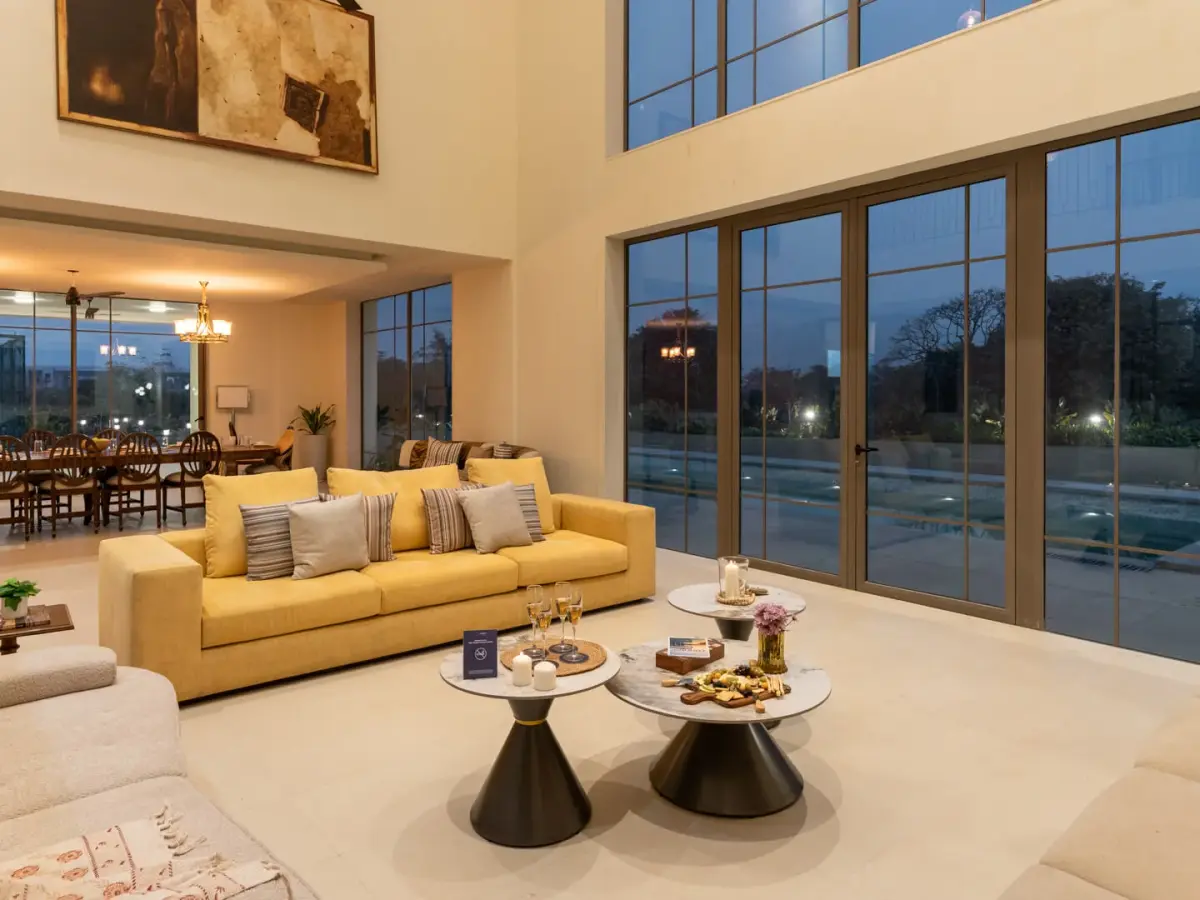 Living Area In Evening | Ushta Villa | Alibaug