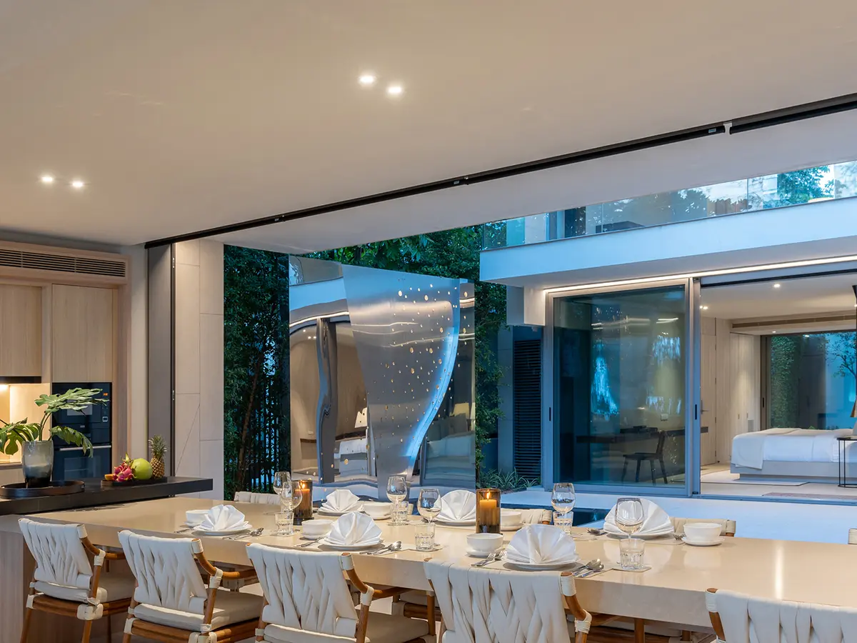 Veyla Beach Villa 6 - Inviting dining area by the reflecting pond